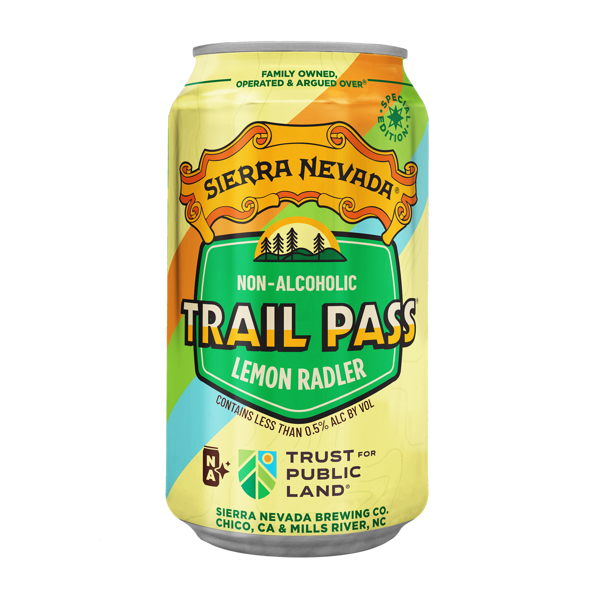 A 12 oz aluminum can of Sierra Nevada Trail Pass Lemon Radler non-alcoholic craft beverage, featuring a colorful label with green, yellow, orange, and blue graphics on a white background.