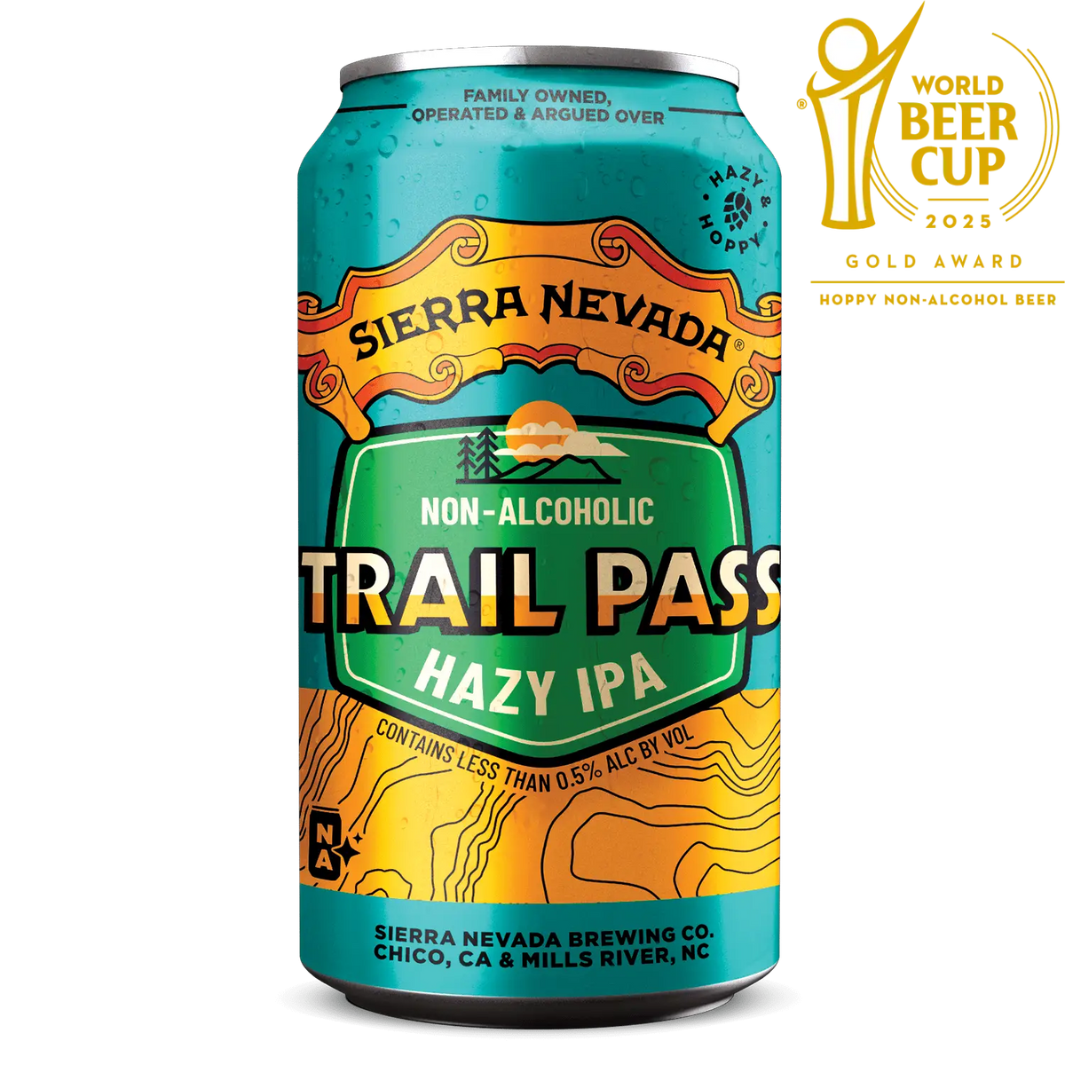 Sierra Nevada Trail Pass Hazy IPA can with World Beer Cup gold award logo on a white background