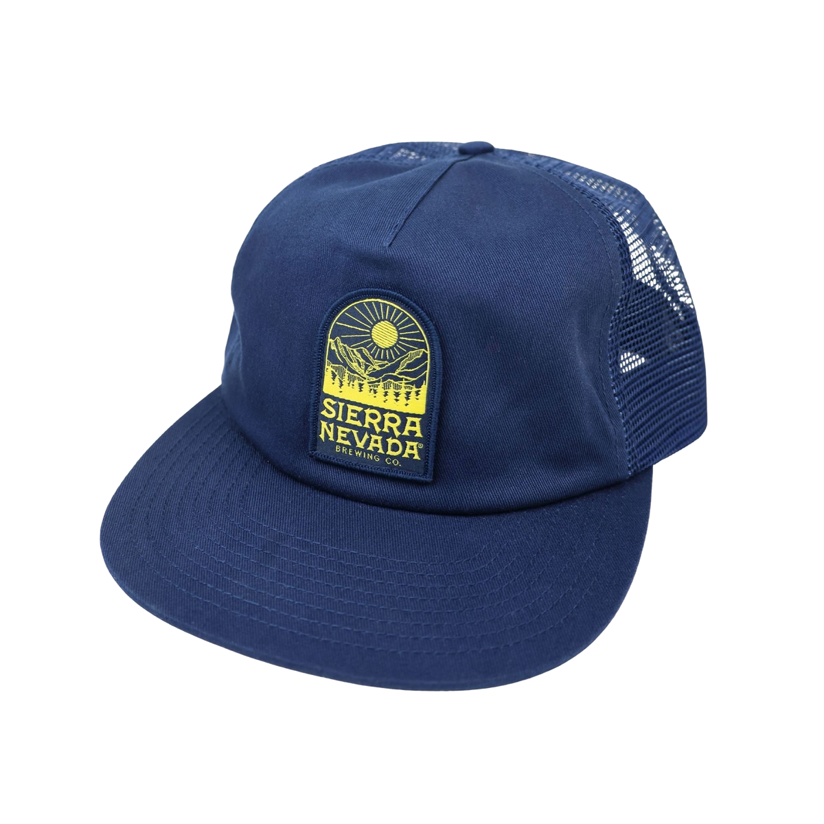 A navy blue trucker hat with a yellow and black Sierra Nevada patch on the front, set against a plain white background.