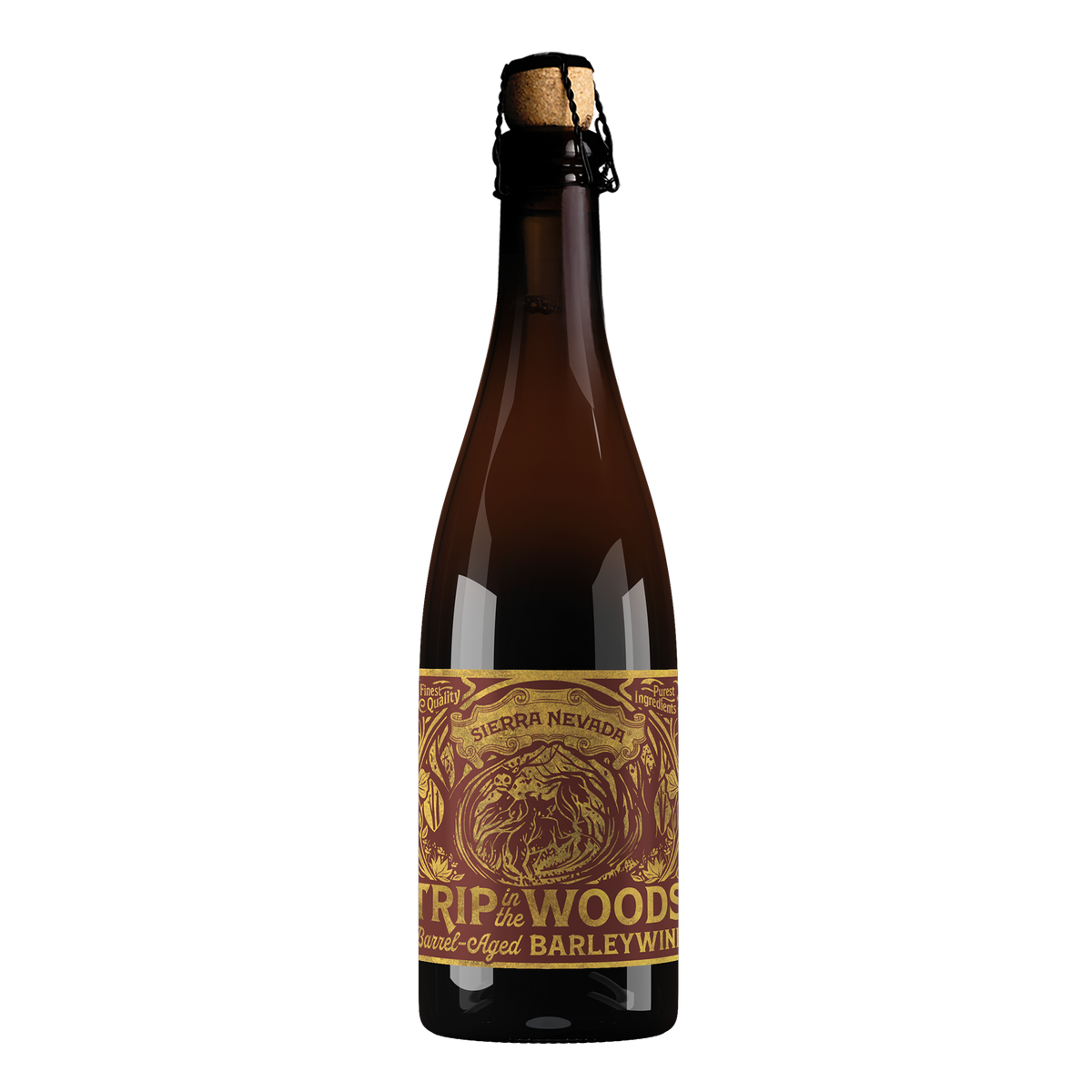 A bottle of Sierra Nevada Trip and Woods Malto Aged Barleywine, featuring a dark brown glass bottle with a cork stopper and a gold and brown decorative label.
