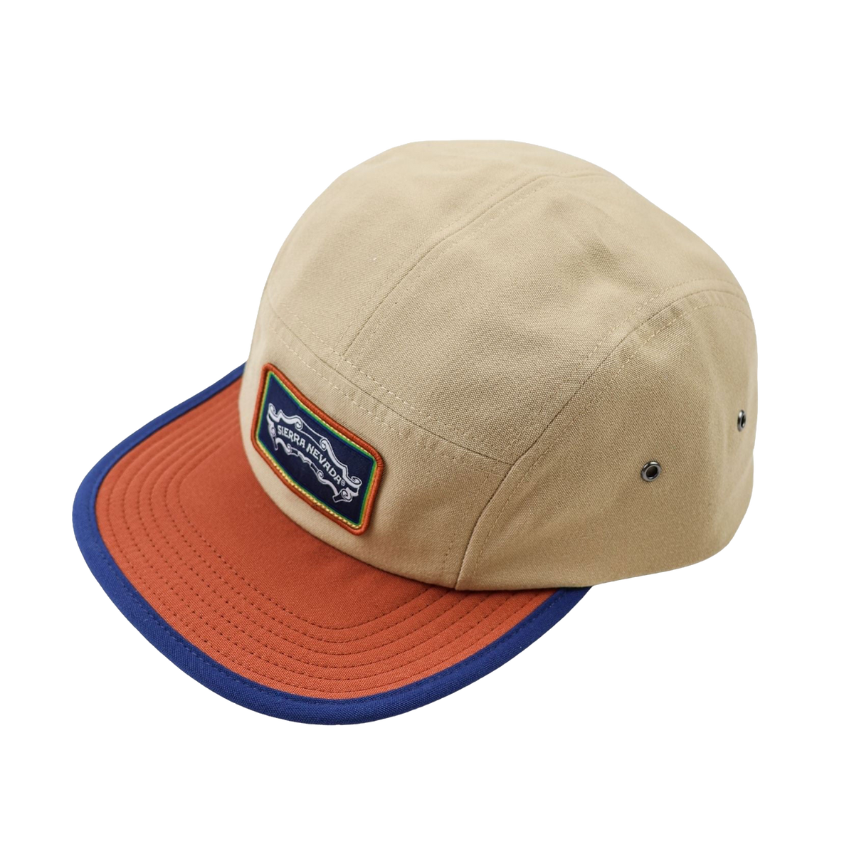 Beige cap with orange brim and blue logo patch on a white background