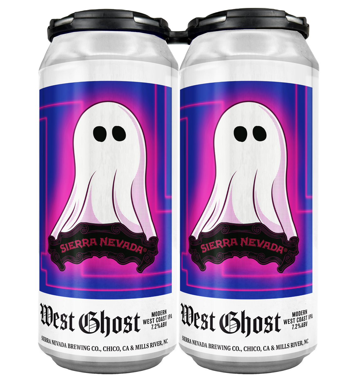 Two Sierra Nevada West Ghost beer cans with a ghost design on a white background