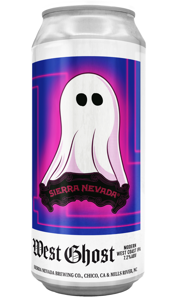 Can of Sierra Nevada West Ghost beer with ghost graphic on a white background