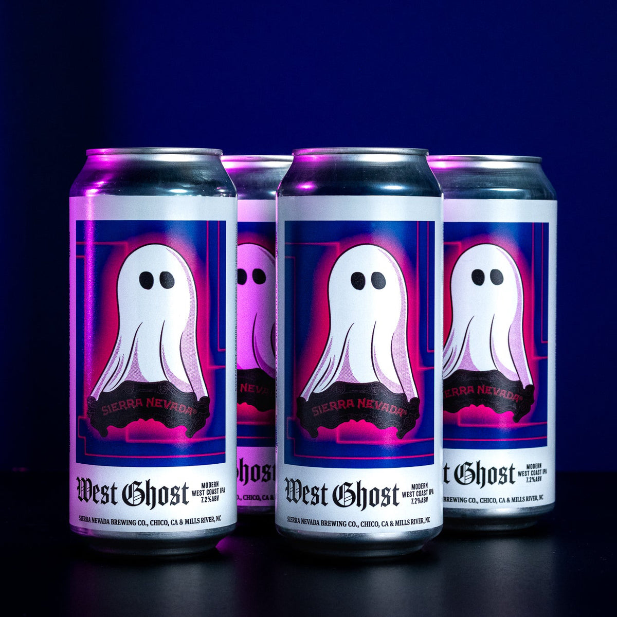Four cans of West Ghost beer with ghost-themed labels on a dark background