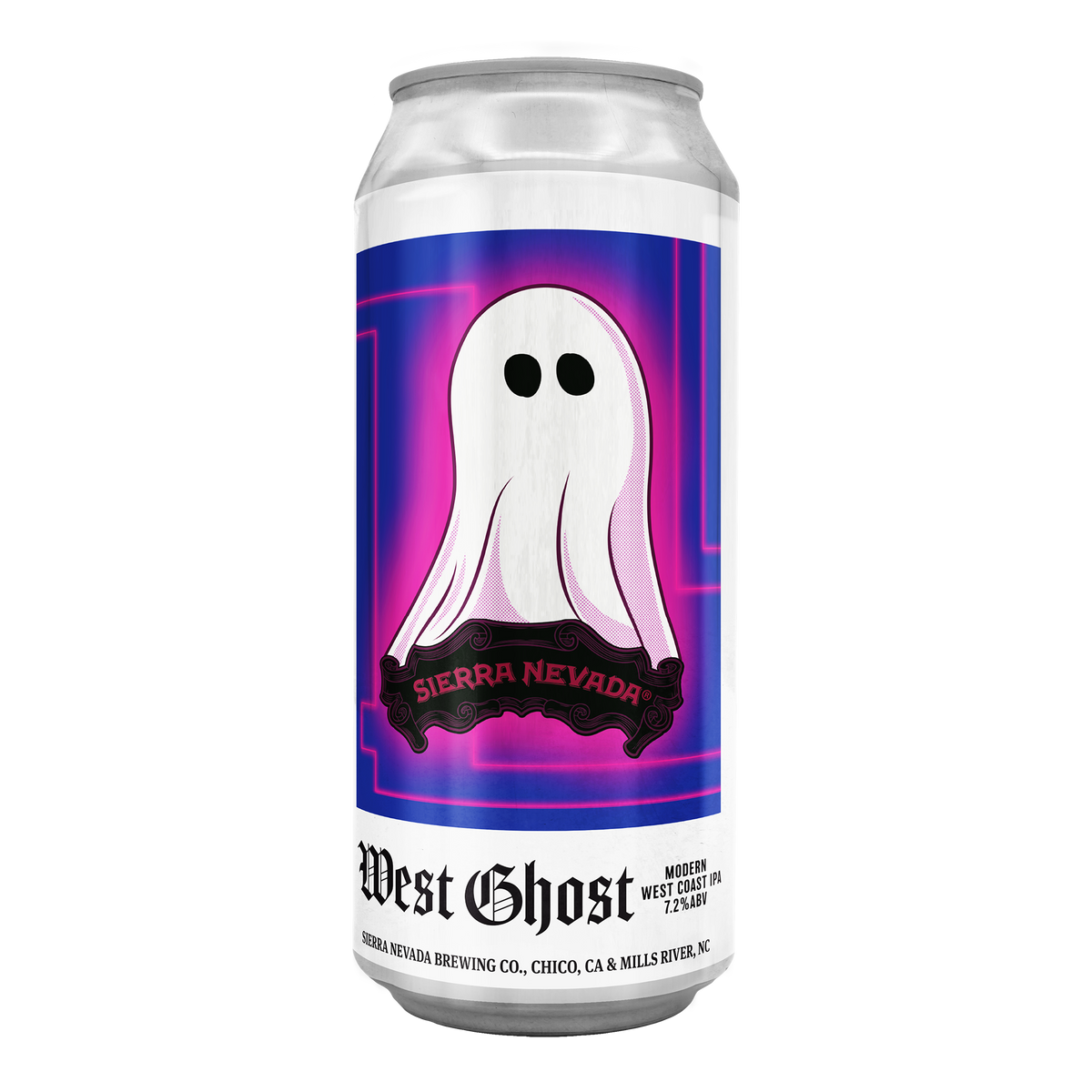 A 12 oz aluminum craft beer can for West Ghost Brewery, featuring a white ghost graphic on a purple and pink background with the brand name 'West Ghost' printed below.