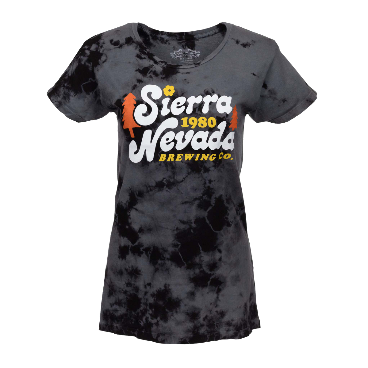 A women's short-sleeve crewneck t-shirt featuring a black and dark gray tie-dye pattern. The front is printed with a large graphic reading 'Sierra Nevada 1980 Brewing Co.