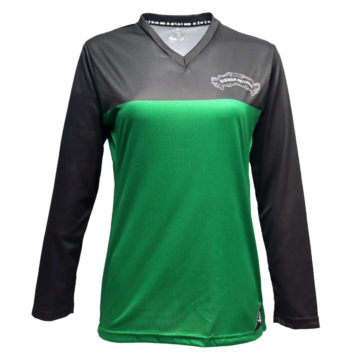 A long-sleeve athletic jersey with a split color design, featuring a vibrant green body and dark gray sleeves and upper chest, with a white 'Sierra Nevada' logo on the left chest.