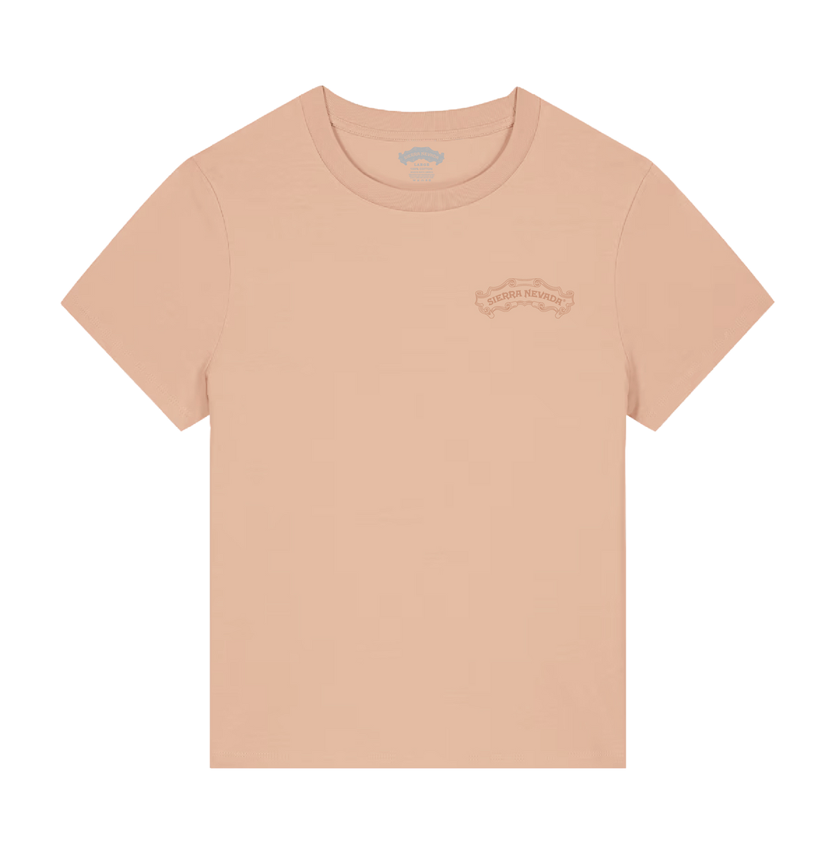 A light peach-pink short-sleeve crewneck t-shirt with a subtle tonal graphic on the left chest, displayed flat against a solid white background.