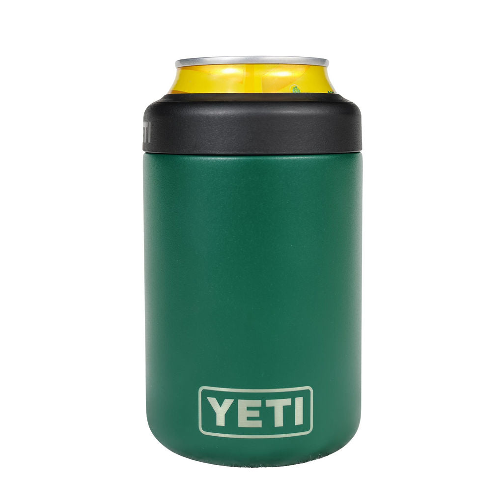 Green YETI can cooler with a yellow can inside on a white background