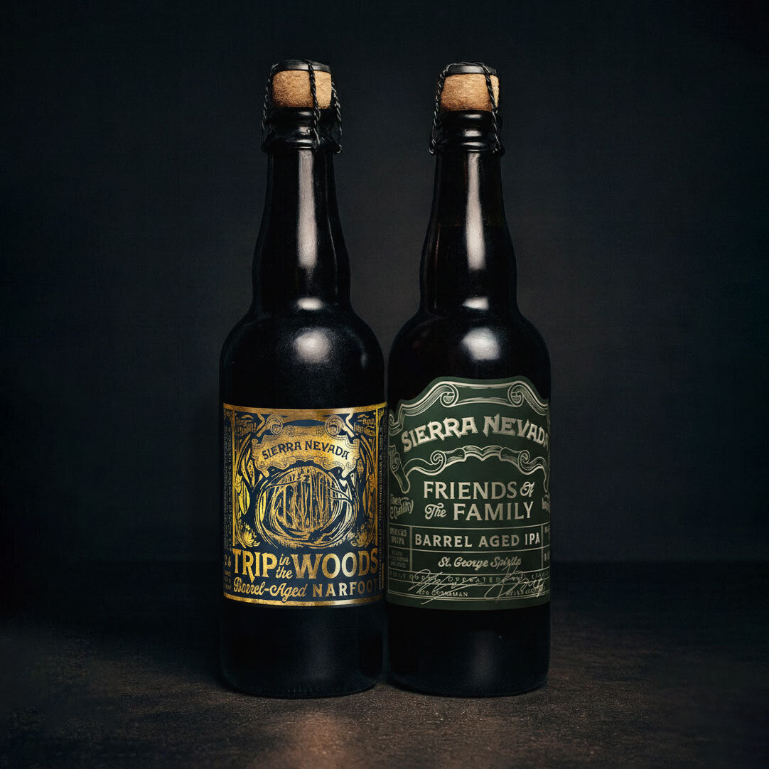 Two Sierra Nevada beer bottles with labels on a dark background