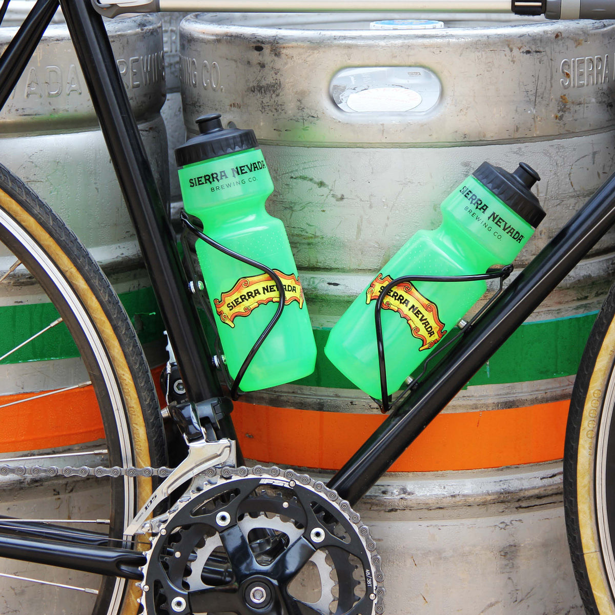 Sierra Nevada green water bottles in holders on a bicycle