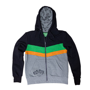 Thumbnail of Custom Zip hoodie front image - green and orange keg stripe on hoody