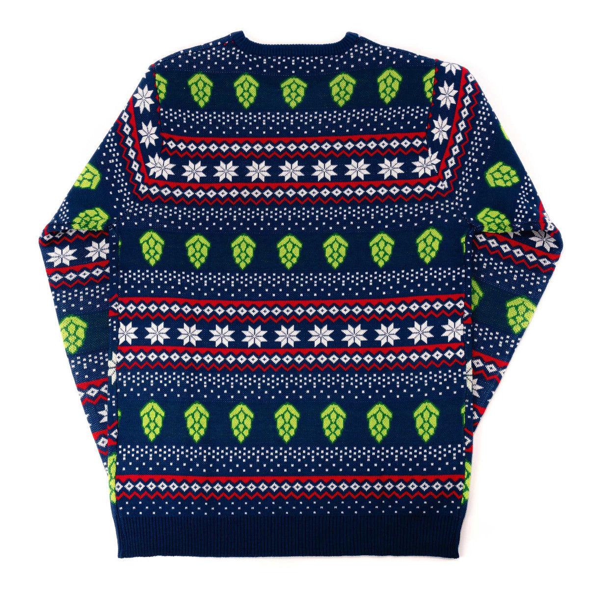 Back view of Sierra Nevada holiday knit sweater with hop pattern
