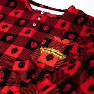 Thumbnail of Chest pocket zoom view of the Sierra Nevada red pajama top with a hop pattern