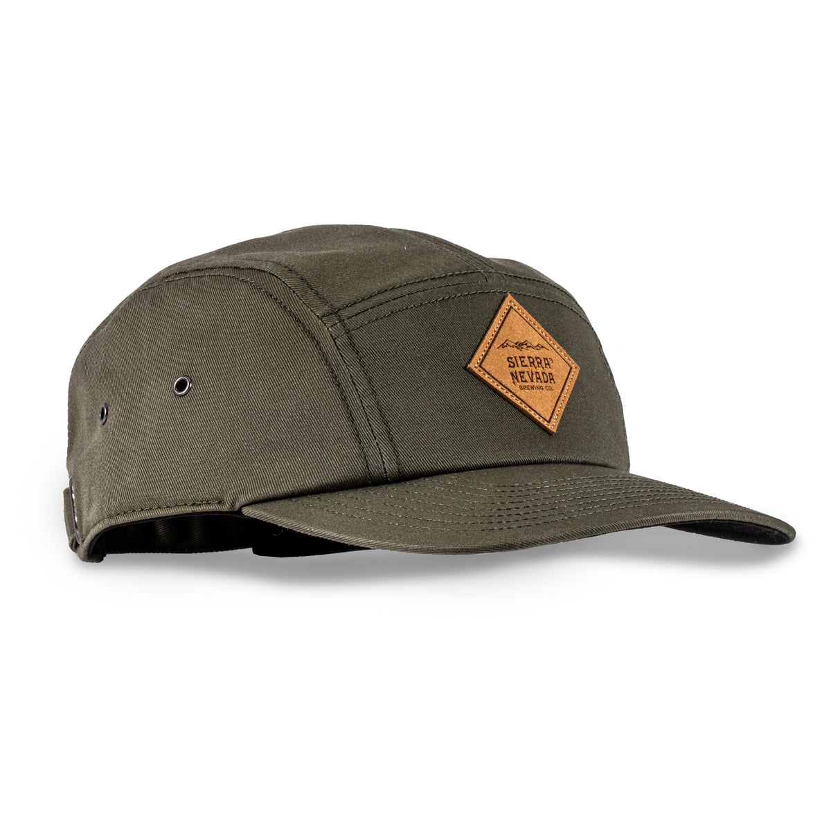 Front angled view of the Sierra Nevada diamond patch green camper hat