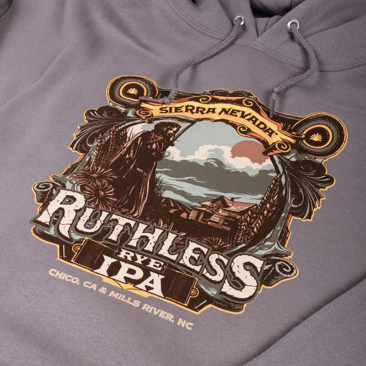 Sierra Nevada Ruthless Rye Hoodie - Close up view of front graphic