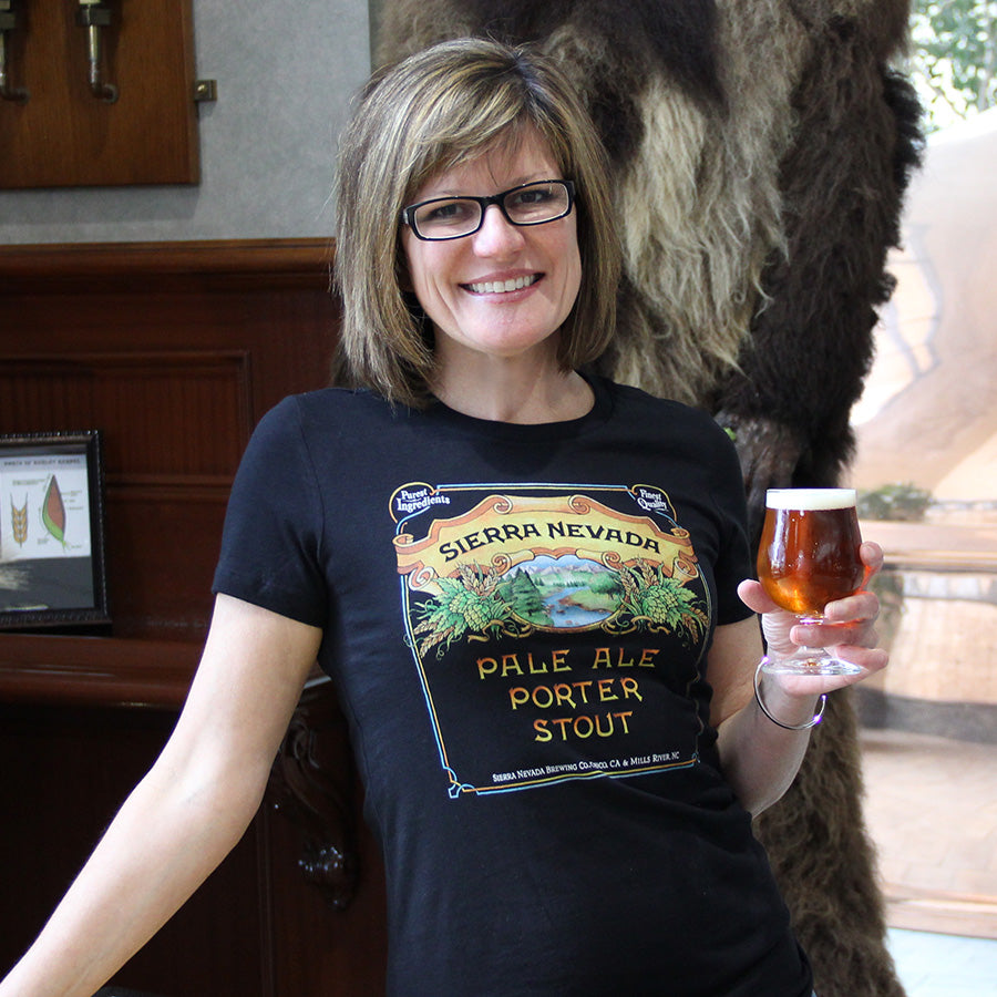 Sierra Nevada Women's Pale-Porter-Stout T-Shirt worn by a woman in a brewery